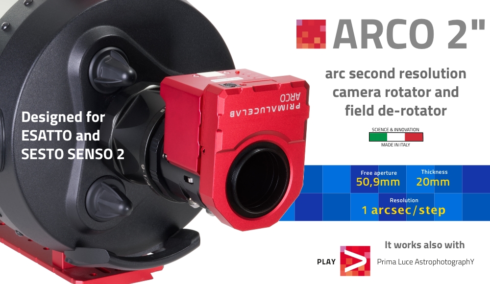 Connect ARCO 2" to ESATTO or SESTO SENSO 2 by using the special port and you won't need other USB or 12V power cables. With ARCO, you can remotely control rotation angle of your camera and de-rotate the field with an incredible resolution of 1 arcsecond per step!