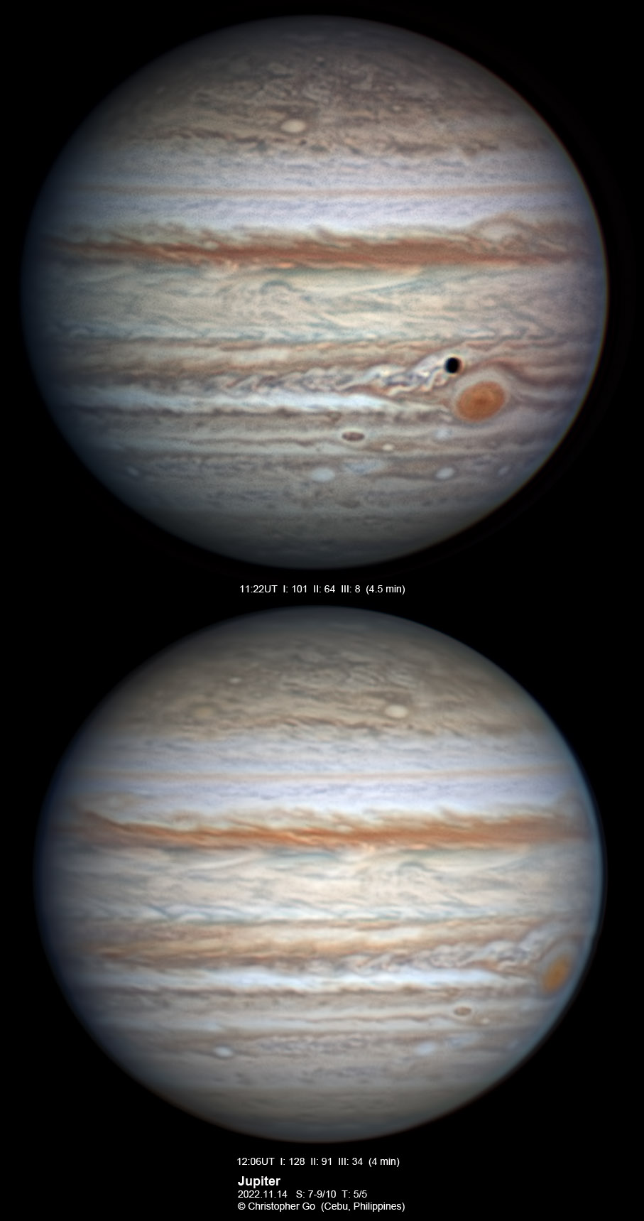 Jupiter captured by Christopher Go with QHY5III200M（top） and QHY5III462C (bottom)