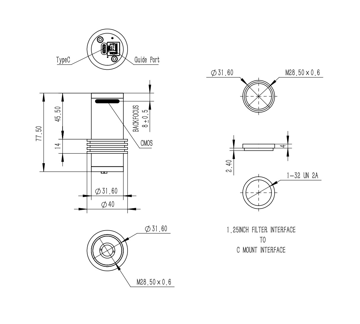 QHY-5-III-200M Planetary- and Guiding camera Mechanical Dimensions