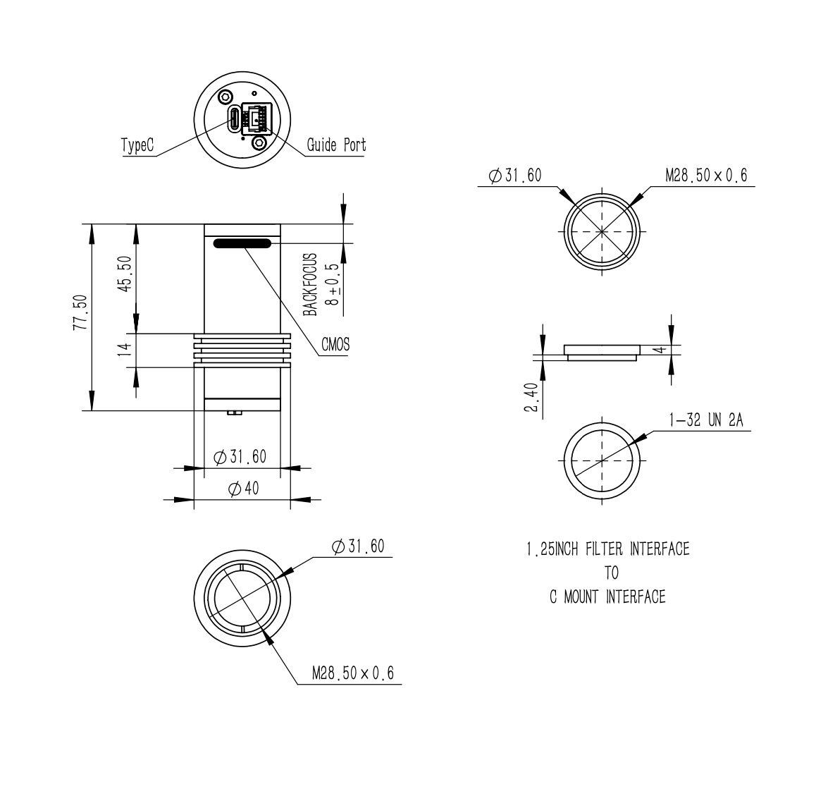 QHY 5-III-585C Planetary  Guiding Camera Dimensions