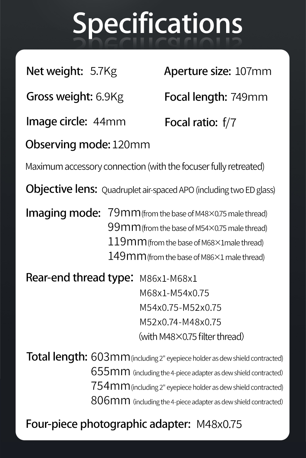 ZWO FF107 APO Refractor Telescope