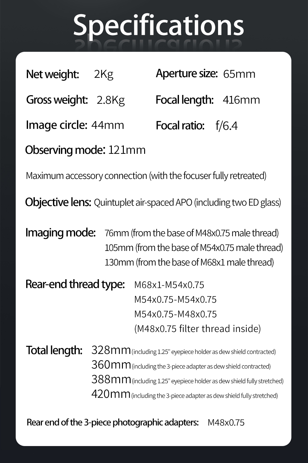 ZWO FF65 APO Refractor Telescope