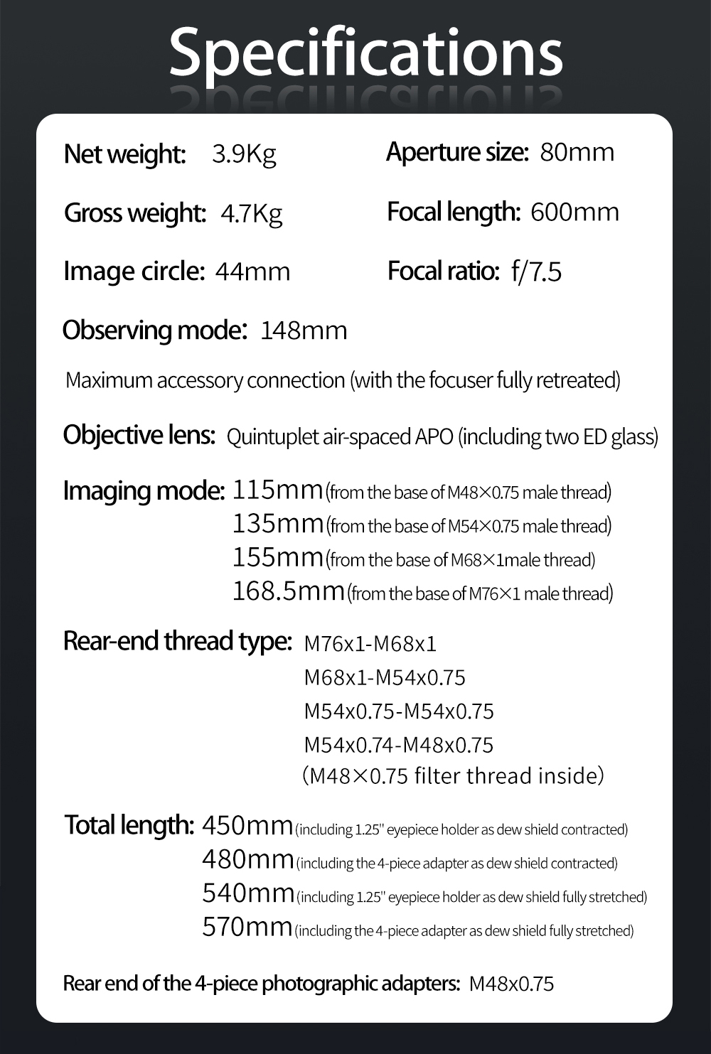 ZWO FF80 APO Refractor Telescope