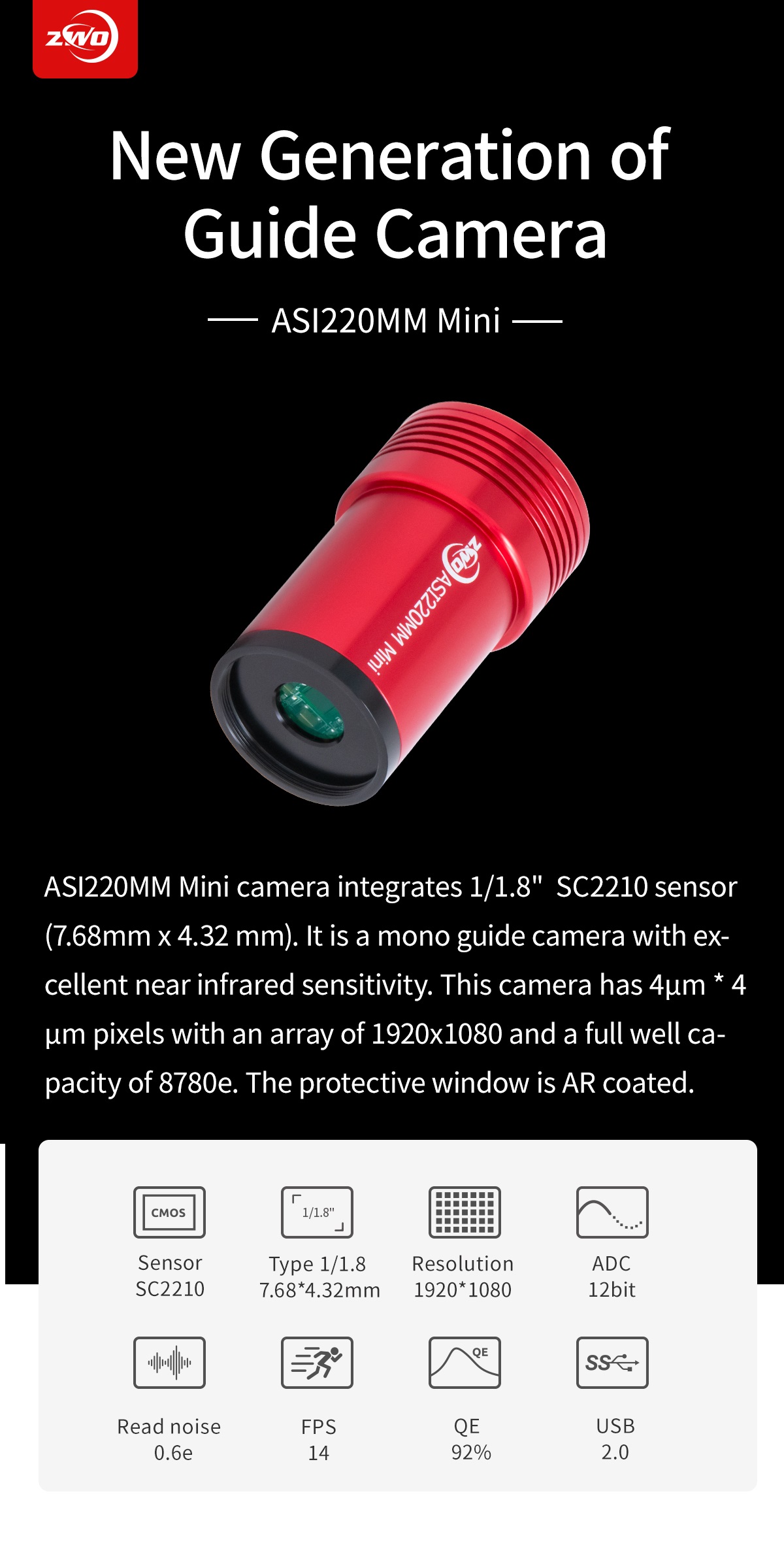 ZWO ASI220MM Mini CMOS Monochrome Camera