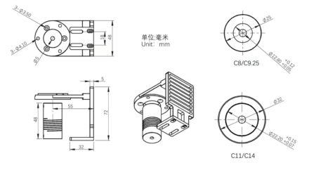 Mechanical diagram of the ZWO EAF Bracket for Celestron SCTs with all the size information