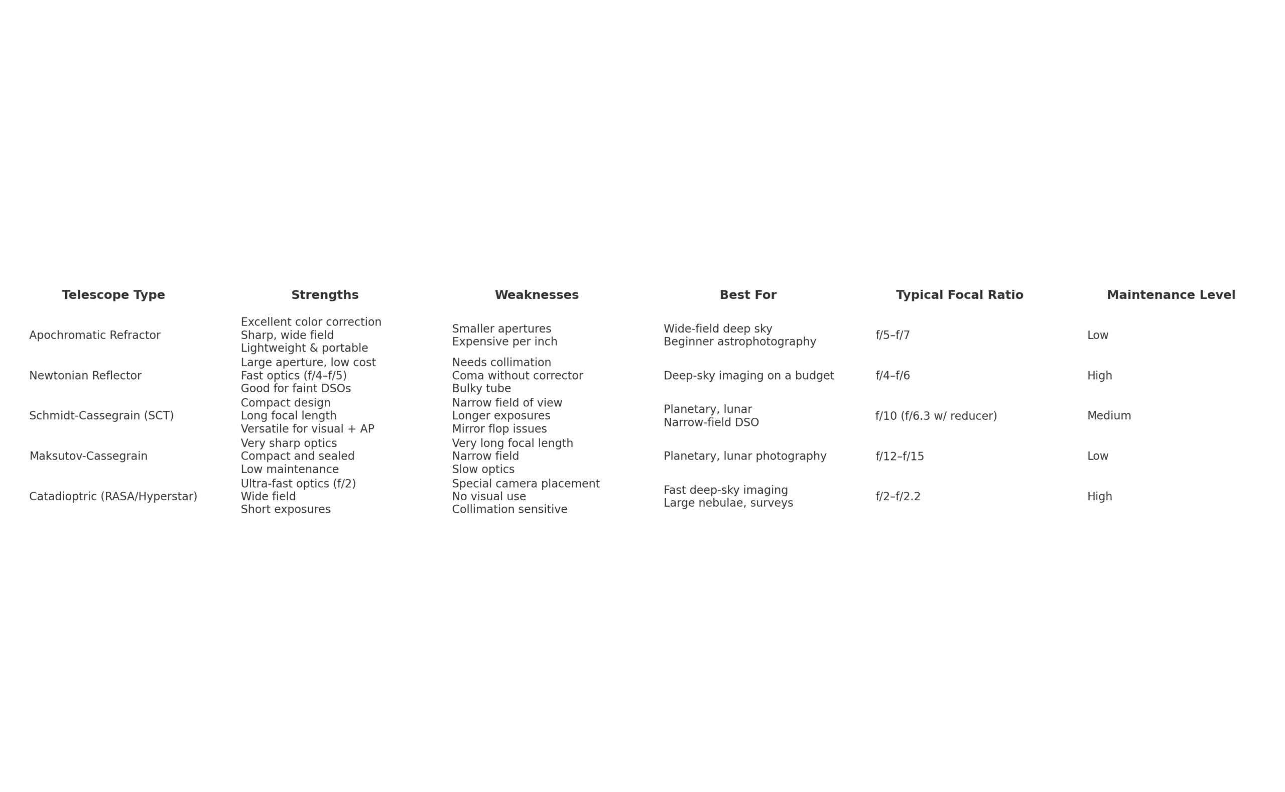Table of optical designs for different astrophotography telescopes