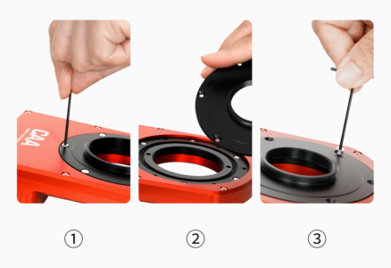 Step by step images showing the connection of the ZWO CAA-M42 adapter to ZWO CAA