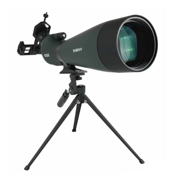 SV28A 25-75X100 Spotting Scope mounted on a tripod - left side view