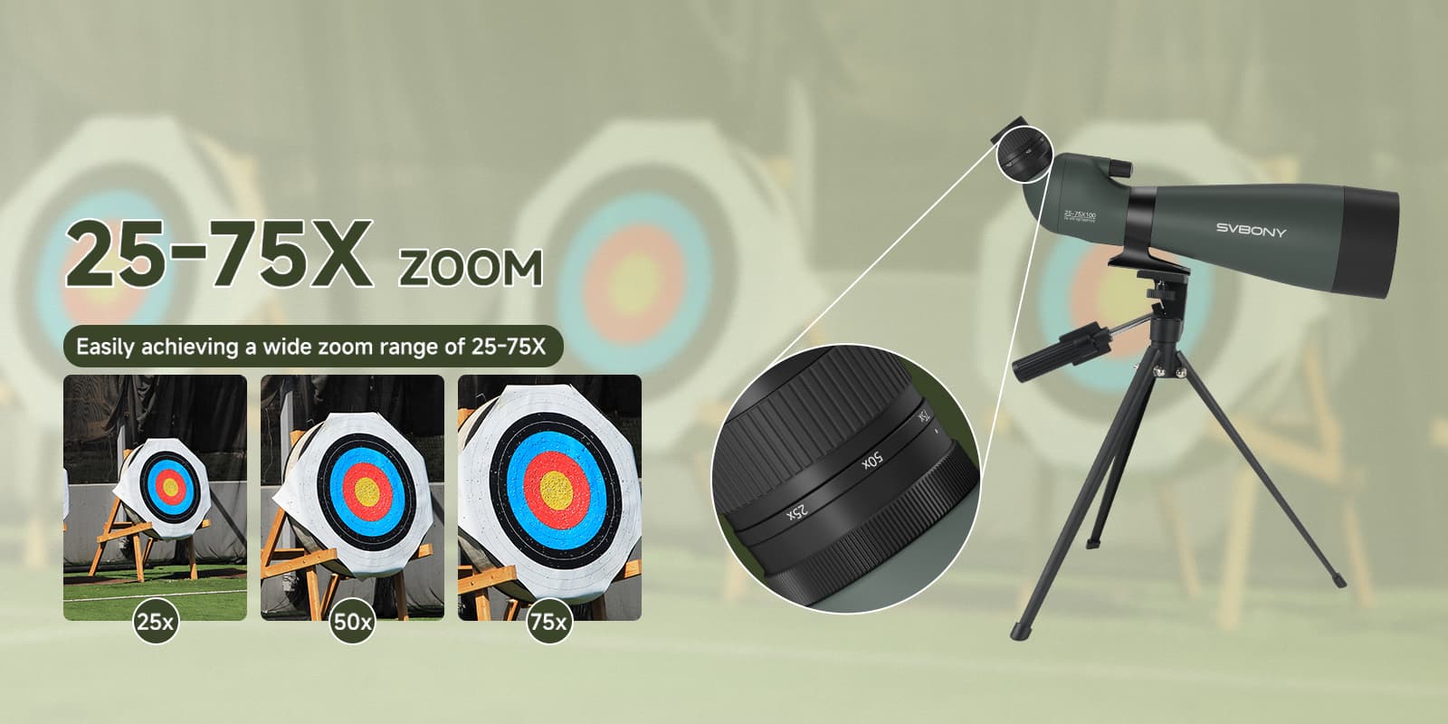 SVBONY SV28A 25-75X100 Spotting Scope 25x50x 75x zoom examples for archery shooting