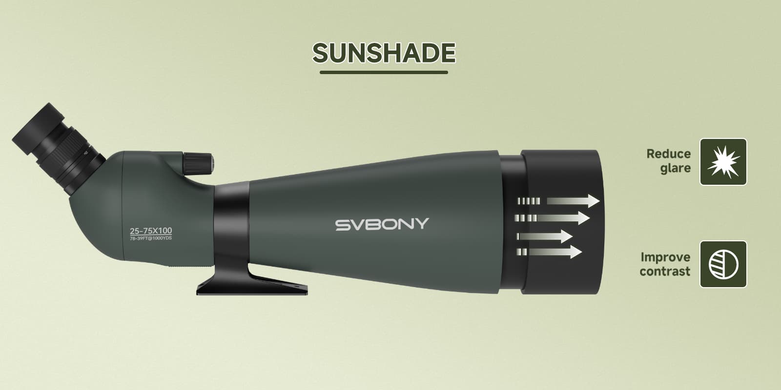 SVBONY SV28A 25-75X100 Spotting Scope side view with sunshade