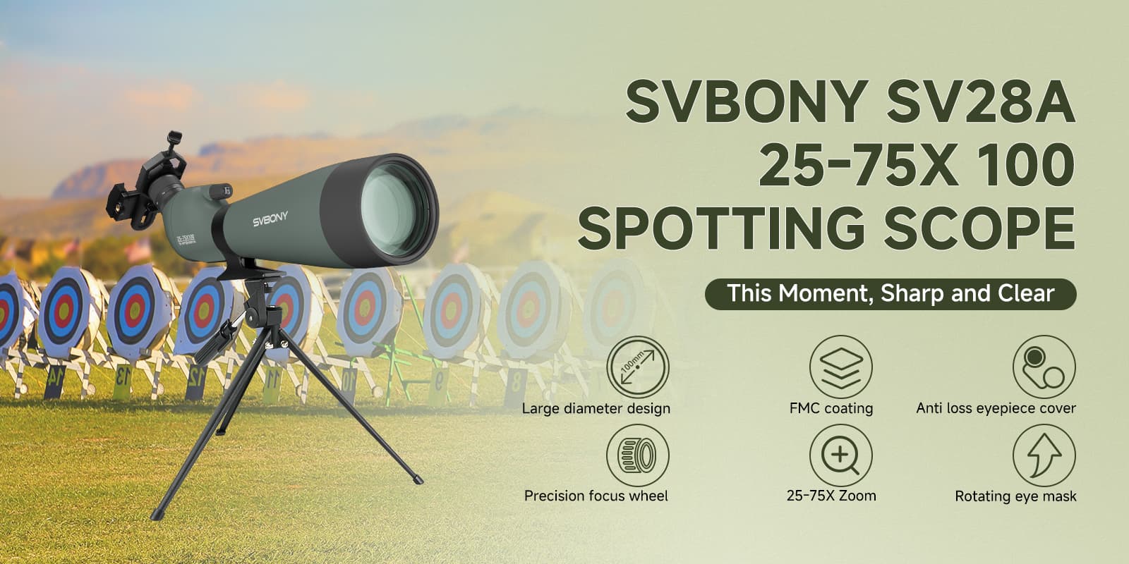 SVBONY SV28A 25-75X100 Spotting Scope mounted, side view, with archery targets and main features 
