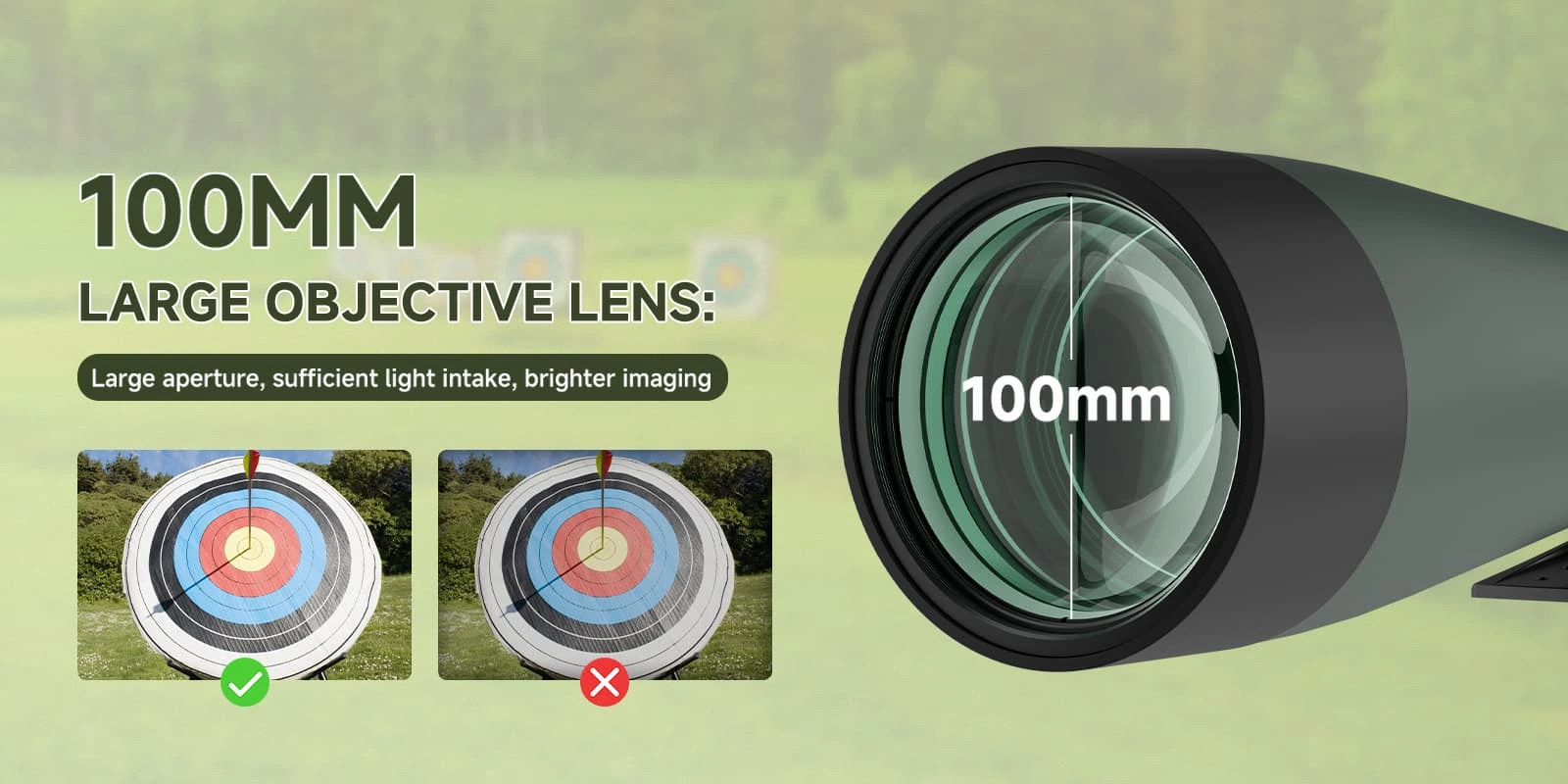 SVBONY SV28A 25-75X100 Spotting Scope-objective lens view with drawn size and archery targets