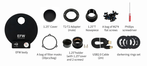 ZWO EFW 7x36mm II and the included items in the box