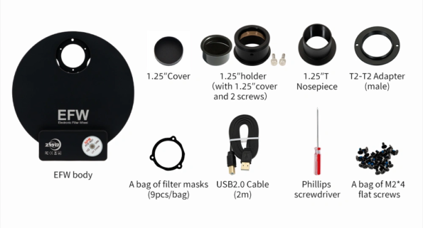 ZWO EFW 8x1.25 - list and images of all items included in the box