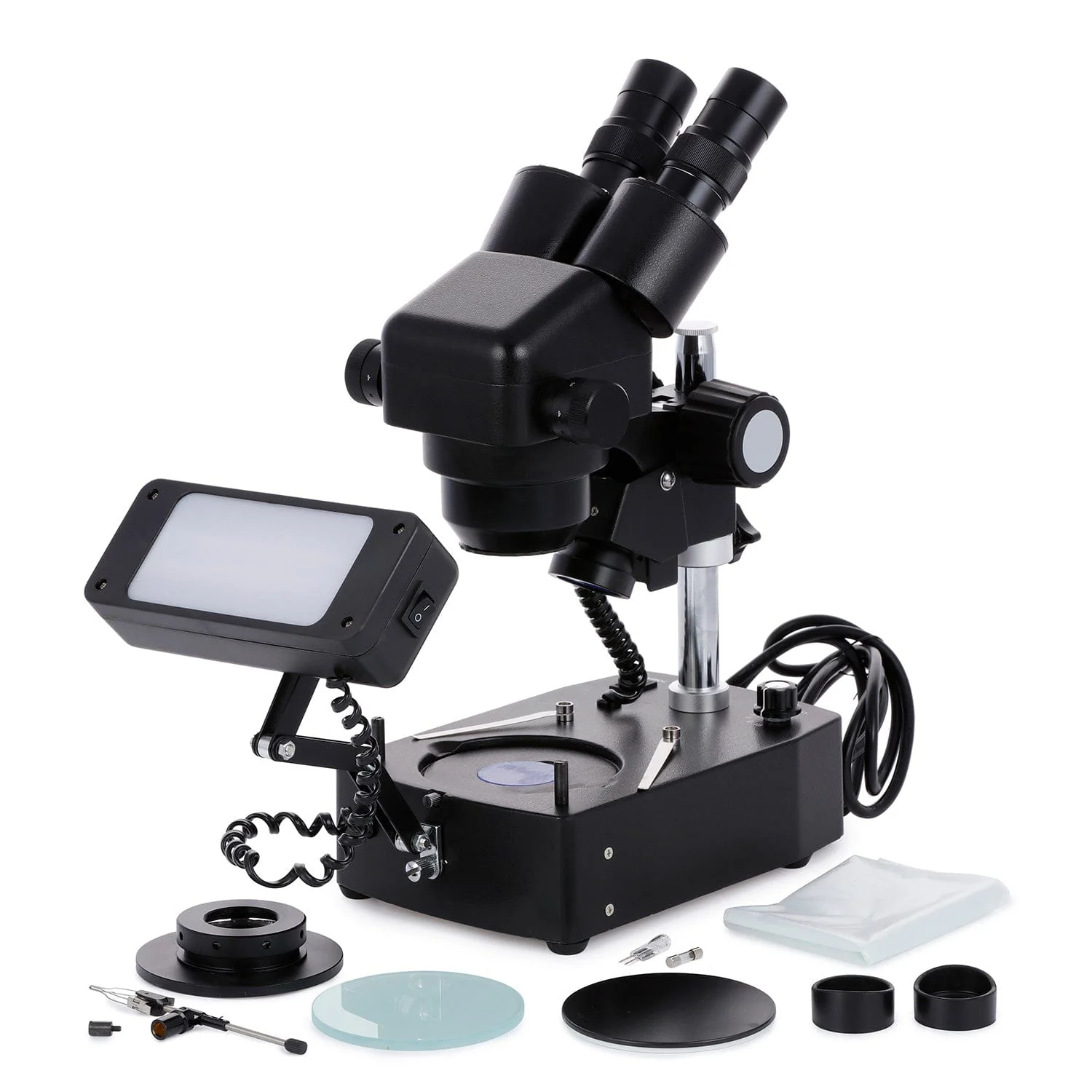 AmScope SH-2 Series Jewelry Gem Binocular Stereo Microscope 10X-40X Magnification on Pillar Stand with Three Lights