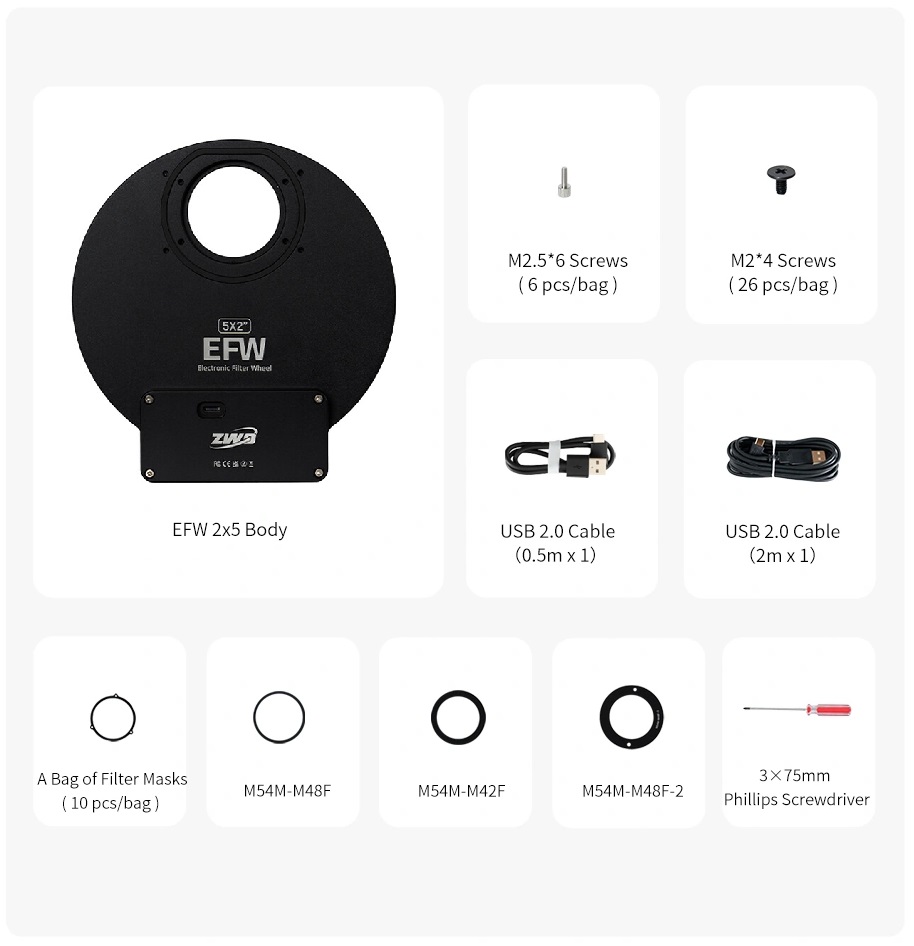 ZWO EFW 5x2-25 - list of items in the box with images